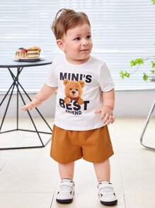 SHEIN Leap Crew 男嬰翻蓋細節夾克背心和短褲和卡通圖案T恤 - 棕色 - 查看 5