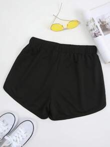 INAWLY Plus Size Women Letter Print Drawstring Waist Casual Loose Shorts - Black - View 2