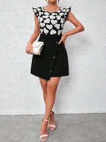 SHEIN Clasi Vestido con estampado de corazón ribete con fruncido con diseño de botón - Blanco y Negro - Ver 3