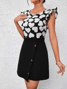 SHEIN Clasi Vestido con estampado de corazón ribete con fruncido con diseño de botón - Blanco y Negro - Ver 6