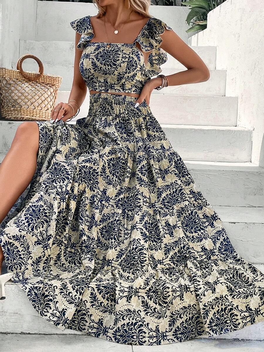 SHEIN VCAY Bộ đồ hai mảnh nữ Viên lá sen Dải chun Hoa Tất cả trên in Boho - Nhiều màu - Xem 1
