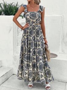 SHEIN VCAY Bộ đồ hai mảnh nữ Viên lá sen Dải chun Hoa Tất cả trên in Boho - Nhiều màu - Xem 4