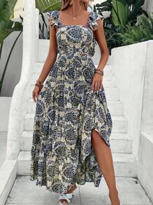 SHEIN VCAY Bộ đồ hai mảnh nữ Viên lá sen Dải chun Hoa Tất cả trên in Boho - Nhiều màu - Xem 5