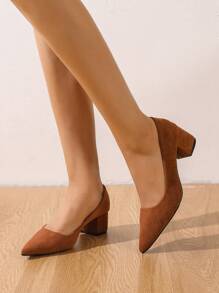 優雅棕色的高跟鞋適用於極簡風格尖頭粗跟仿麂皮淺口高跟鞋 - 棕色 - 查看 3