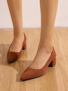 優雅棕色的高跟鞋適用於極簡風格尖頭粗跟仿麂皮淺口高跟鞋 - 棕色 - 查看 4