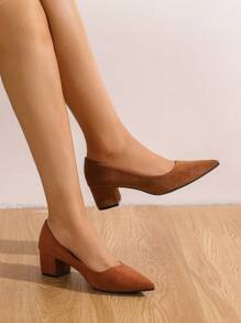優雅棕色的高跟鞋適用於極簡風格尖頭粗跟仿麂皮淺口高跟鞋 - 棕色 - 查看 6