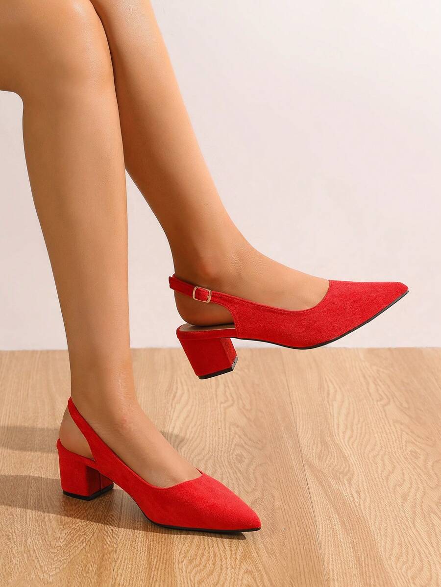 moda rojo Tacones para ajuste ancho de punta con tacón grueso de talón abierto de serraje falso Tacones - Rojo - Ver 1