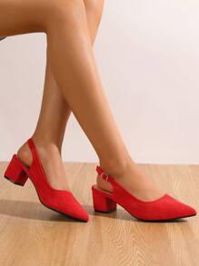 moda rojo Tacones para ajuste ancho de punta con tacón grueso de talón abierto de serraje falso Tacones - Rojo - Ver 4
