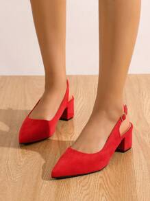 moda rojo Tacones para ajuste ancho de punta con tacón grueso de talón abierto de serraje falso Tacones - Rojo - Ver 6