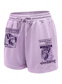 INAWLY Butterfly & Slogan Graphic Drawstring Waist Track Shorts - Lilac Purple - View 3