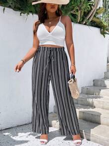 SHEIN LUNE 大碼條紋印花腰上打結闊腿褲 - 黑色 - 查看 1