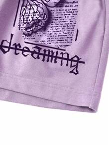 INAWLY Butterfly & Slogan Graphic Drawstring Waist Track Shorts - Lilac Purple - View 5