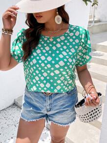SHEIN LUNE Plus Geo Print Petal Sleeve Blouse - Green - View 4