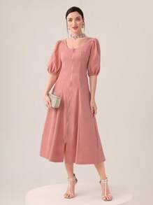 Modelyn Đầm Dây kéo Chia Uốn nếp màu trơn Thanh lịch - Hồng - Xem 1