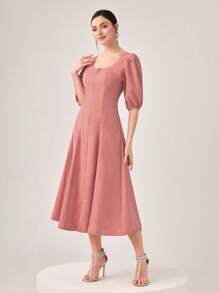 Modelyn Đầm Dây kéo Chia Uốn nếp màu trơn Thanh lịch - Hồng - Xem 5