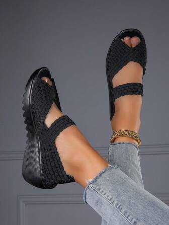 Vacation Black Shoes For Women, Minimalist Braided Detail Wedge Shoes