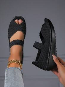 度假黑色鞋適用於女士極簡編織細節坡跟鞋 - 黑色 - 查看 4