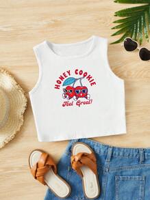 青少年女孩標語和櫻桃圖案背心上衣 - 白色 - 查看 1