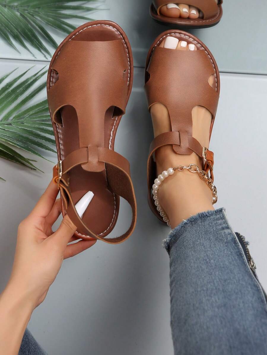 Xăng đan đế bằng có khóa trang trí cho nữ, Xăng đan có dây đeo mắt cá chân màu nâu ngoài trời thời trang - màu nâu - Xem 1