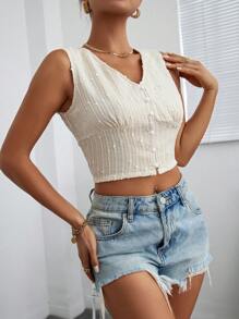 SHEIN VCAY 素色前紐扣短款襯衫 - 米色 - 查看 4