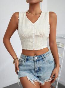 SHEIN VCAY 素色前紐扣短款襯衫 - 米色 - 查看 5