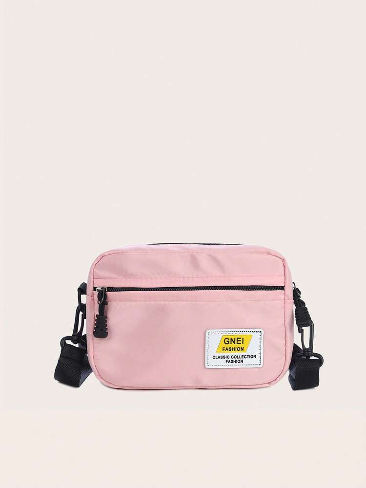 Mini Letter Patch Decor Square Bag Zip Front Nylon - Pink - View 1