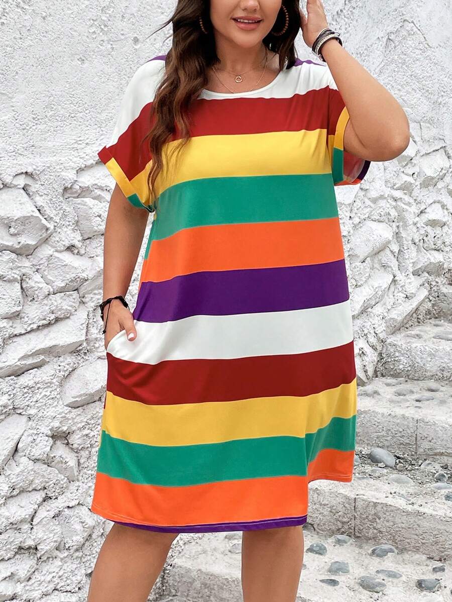 SHEIN LUNE Plus Colourblock Batwing Sleeve Slant Pocket Tee Dress - Multicolor - View 1