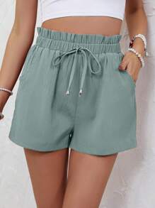 SHEIN Frenchy 紙袋腰前打結短褲 - 藍色 - 查看 4