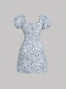 SHEIN MOD Allover Floral Print Tie Front Puff Sleeve Dress - Blue and White - View 2