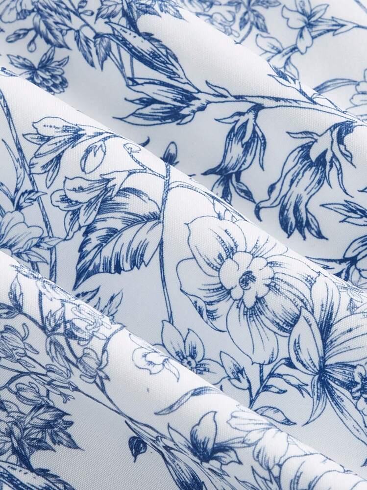 SHEIN MOD オールオーバーフローラルプリント 前結び パフスリーブ ドレス - ブルー&ホワイト - 見る 3