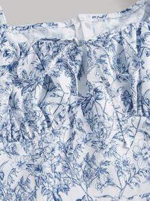 SHEIN MOD Allover Floral Print Tie Front Puff Sleeve Dress - Blue and White - View 4