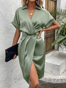 SHEIN Clasi Solid Batwing Sleeve Wrap Hem Satin Dress - Army Green - View 1