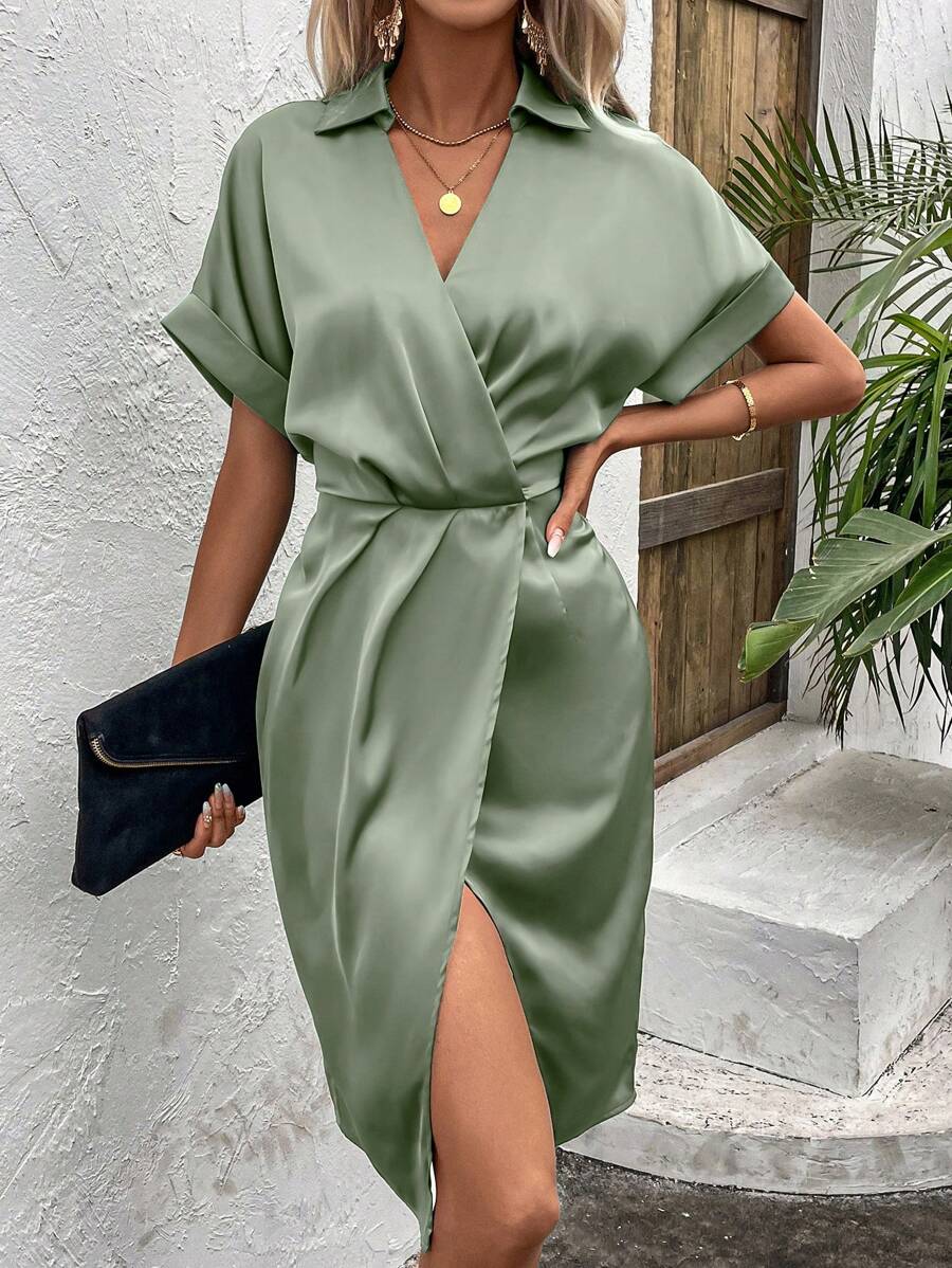 SHEIN Clasi Solid Batwing Sleeve Wrap Hem Satin Dress - Army Green - View 1