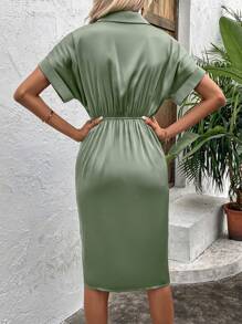 SHEIN Clasi Solid Batwing Sleeve Wrap Hem Satin Dress - Army Green - View 2