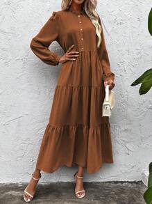 SHEIN Clasi Solid Button Front Ruffle Hem Smock Dress - Brown - View 1