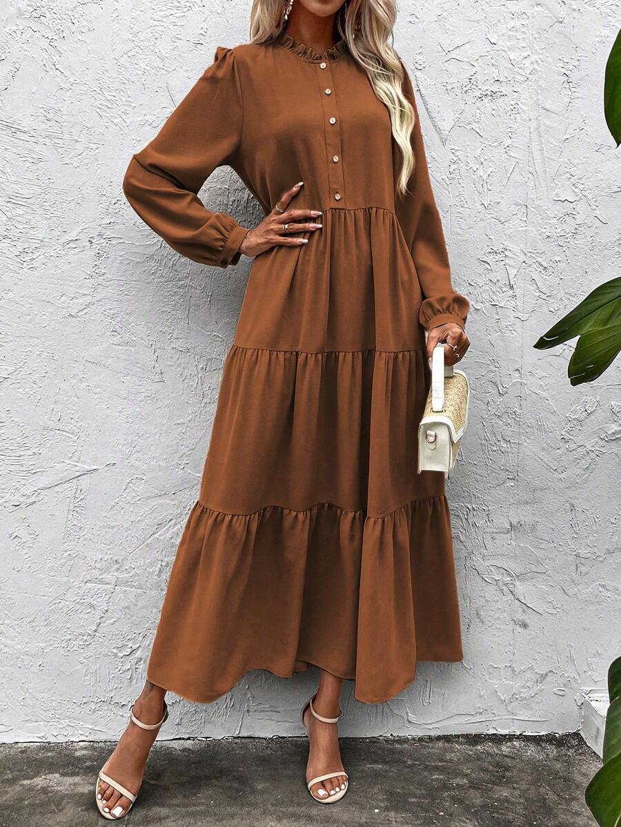 SHEIN Clasi Solid Button Front Ruffle Hem Smock Dress - Brown - View 1