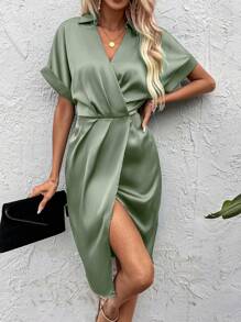 SHEIN Clasi Solid Batwing Sleeve Wrap Hem Satin Dress - Army Green - View 3