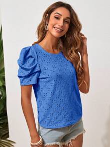 SHEIN Clasi 泡泡袖網眼刺繡T恤 - 藍色 - 查看 5