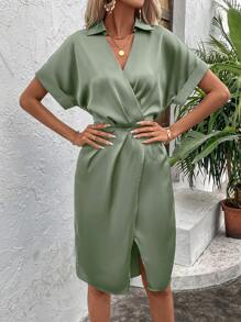 SHEIN Clasi Solid Batwing Sleeve Wrap Hem Satin Dress - Army Green - View 4