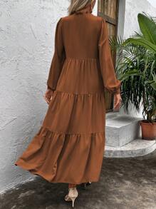 SHEIN Clasi Solid Button Front Ruffle Hem Smock Dress - Brown - View 2