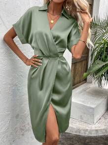 SHEIN Clasi Solid Batwing Sleeve Wrap Hem Satin Dress - Army Green - View 6