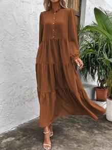 SHEIN Clasi Solid Button Front Ruffle Hem Smock Dress - Brown - View 4