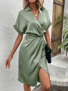 SHEIN Clasi Solid Batwing Sleeve Wrap Hem Satin Dress - Army Green - View 7