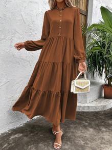 SHEIN Clasi Solid Button Front Ruffle Hem Smock Dress - Brown - View 7