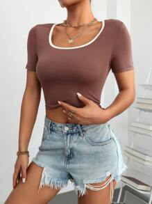 SHEIN Unity Contrast Binding Crop Tee - Coffee Brown - View 1