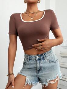SHEIN Unity Contrast Binding Crop Tee - Coffee Brown - View 4