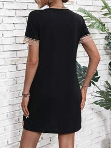 SHEIN LUNE 拼接水溶蕾絲T恤洋裝 - 黑色 - 查看 2