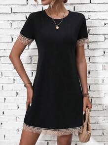 SHEIN LUNE 拼接水溶蕾絲T恤洋裝 - 黑色 - 查看 6