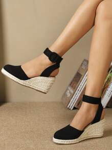 女式麻底坡跟鞋，度假戶外人造麂皮踝帶坡跟鞋 - 黑色 - 查看 1