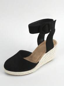 女式麻底坡跟鞋，度假戶外人造麂皮踝帶坡跟鞋 - 黑色 - 查看 3